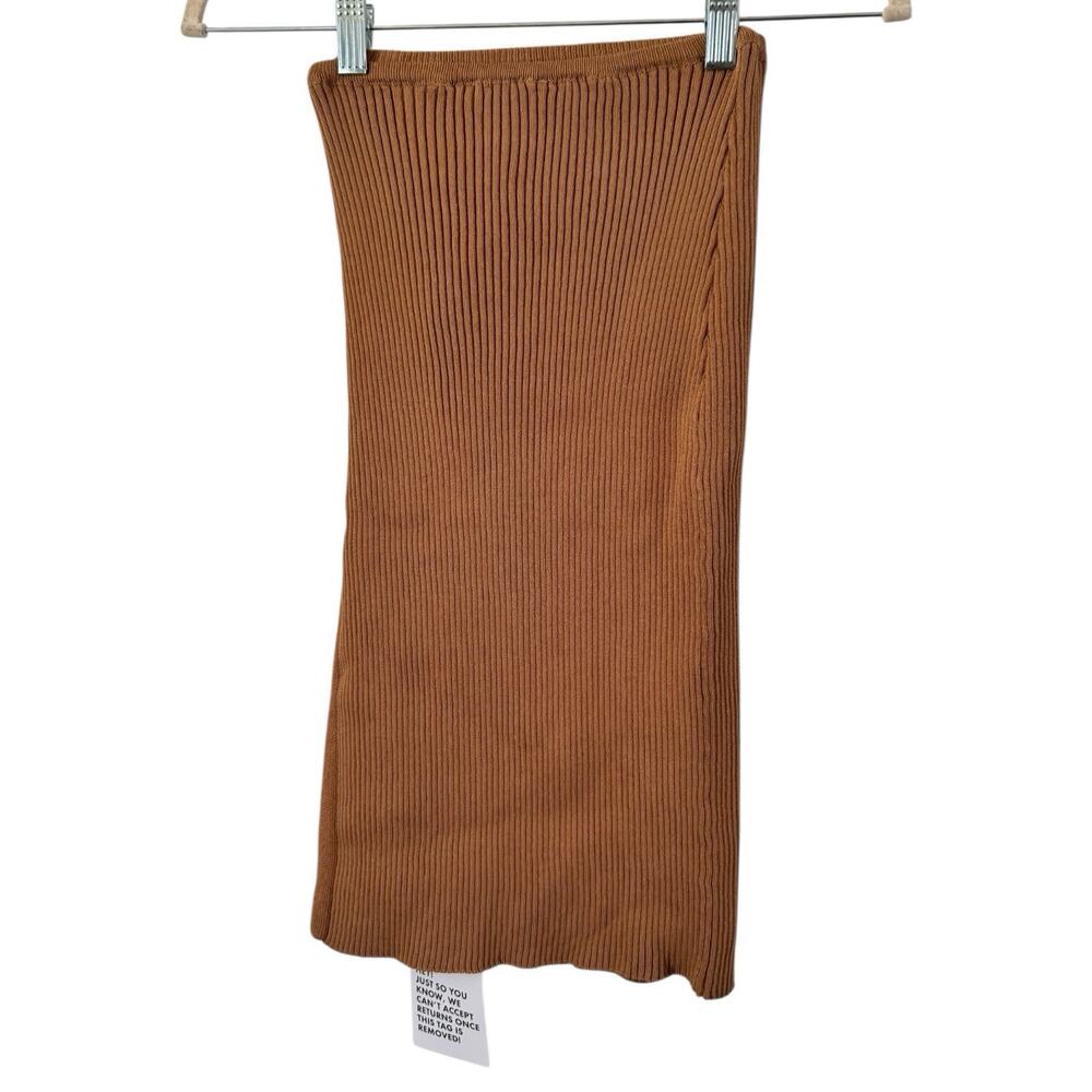 NWT TopShop Brown Ribbed Side Slit Knit Pull On Stretchy Pencil Skirt Size 4-6 - Picture 3 of 6